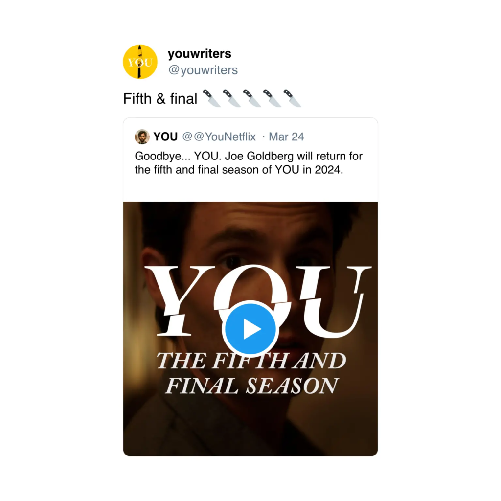 'You'nun 5. Sezonunun Çekimleri 2024 Baharında BaşlayacakYou'nun beşinci sezonunun çekimleri 2024 İlkbaharında başlayacak.